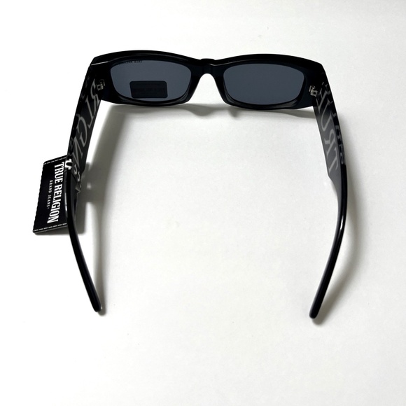 New TRUE RELIGION Slim Embossed Sunglasses Rectangle Wide Leg Logo Black Acetate main image 5